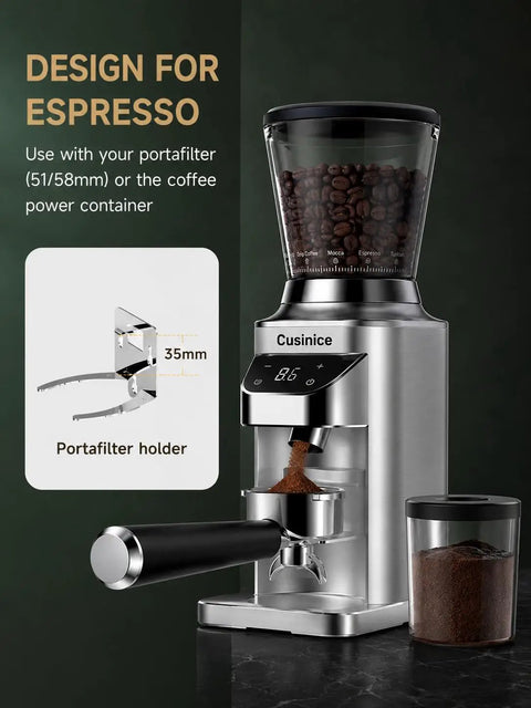 Conical Burr Coffee Grinder For Home Use With 34 Grind Settings, 40mm Stainless Steel Burr, Portafilter Holder, Silver