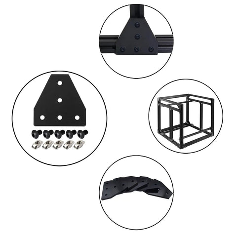 No Fuss Tough As Nails 2020 Aluminum Extrusion Connector Kit showing bolts, plates, and frame assembly components.