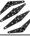 Heavy Duty 5 Inch Strap Hinges 4 Pack Rock Solid Barn Door Hardware For Sheds Gates And Garages Built Tough With No Sweat Setup And Straight Up Reliable Precision Cast Construction, featuring four black strap hinges and screws.