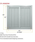 Hella Durable 44X44 Inch Dual Pane Sliding Window With Reinforced Security Bars And Weather Sealed PVC Frame For Shipping Containers Garages Tree Houses And Outdoor Storage Spaces in gray color.