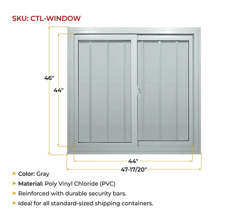 Hella Durable 44X44 Inch Dual Pane Sliding Window With Reinforced Security Bars And Weather Sealed PVC Frame For Shipping Containers Garages Tree Houses And Outdoor Storage Spaces in gray color.