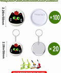 All In One Button And Keychain Making Kit showing 100 button backs and 20 keychain bases, featuring a cat design, 58mm size