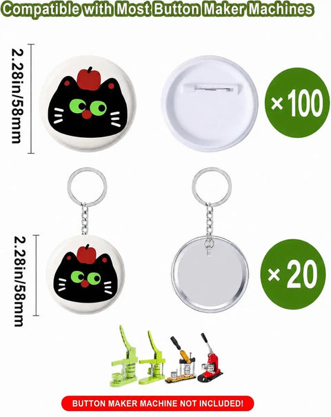 All In One Button And Keychain Making Kit showing 100 button backs and 20 keychain bases, featuring a cat design, 58mm size