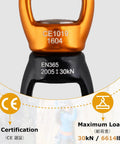 Close-up of Heavy Duty 30KN Swing Swivel With Dead Silent 360 Rotation, showcasing CE certification and load capacity.