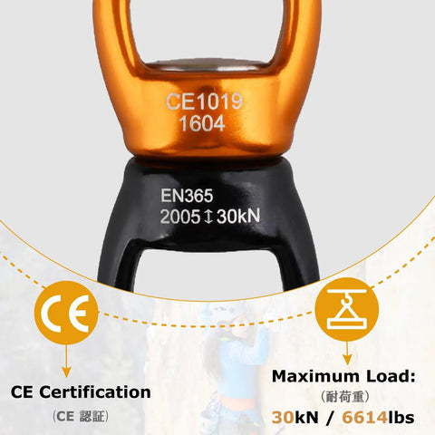 Close-up of Heavy Duty 30KN Swing Swivel With Dead Silent 360 Rotation, showcasing CE certification and load capacity.