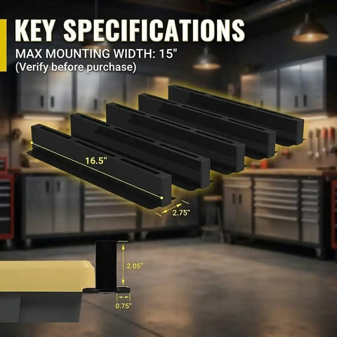 Overhead Garage Storage Rack System With Five Rails Set showing dimensions for customizable ceiling grid in workshop