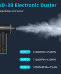Electric Air Duster With 6000mAh Battery 3 Speed LED Turbo Clean in action releasing air with gear settings displayed