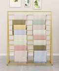 Heavy Duty Double Sided Eight Tier Floor Standing Closet Organizer Rack For Scarves Belts Ties And Purses with colorful scarves displayed.