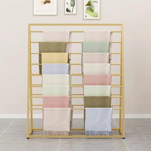 Heavy Duty Double Sided Eight Tier Floor Standing Closet Organizer Rack For Scarves Belts Ties And Purses with colorful scarves displayed.