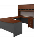 Built Tough U Shaped Home Office Desk Bundle With Height Adjustable Standing Bridge, brown laminate, spacious design.