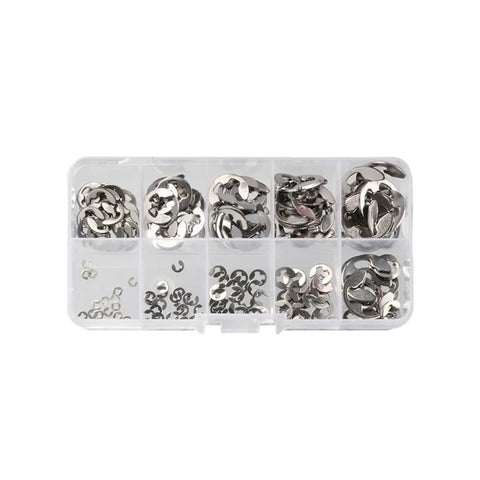 Pro Grade E Clip Kit With 200 To 550 Pieces, Stainless Steel E-Type Retaining Rings For Bearings, Gears, Pulleys, Shafts, 1.5mm To 10mm Sizes, Heavy Duty Carbon Steel Variant, Durable Washers Set in organizer box