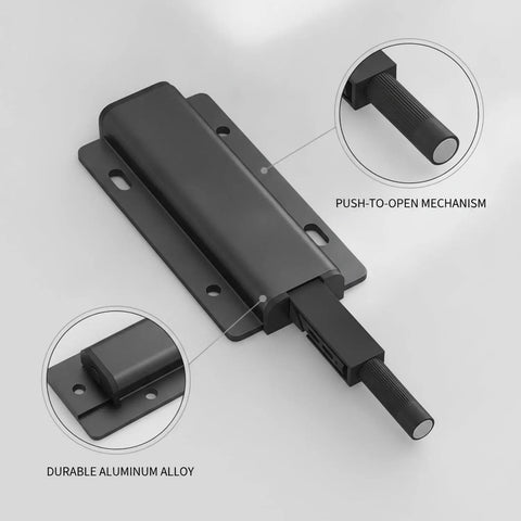 Close-up of Push To Open Aluminum Alloy Cabinet Latch For Handle Free Kitchens And Wardrobes No Hassle Install Smooth Flush Front