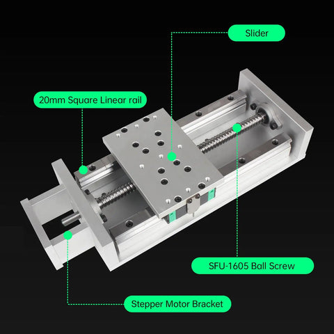 Close-up of 400mm Travel CNC Linear Stage Motion Actuator With X, Y, Z Axis Cross Sliding Table showcasing Beefy 1605 Ballscrew.