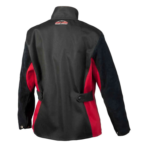 Back view of WoShadow Welding Jacket For Women With Female Fit Adjustable Side Straps Built For Ladies Fits Like A Glove Black And Red Medium US