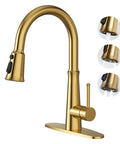 Kitchen Faucets with Pull Down Sprayer,WOWOW Gold High Arc Single Handle Classic Stainless Steel Sink Faucet 1 or 3 Hole, Pull Out Kitchen Faucet with Deck Plate & 3 Functions, gold color, 360° swivel spout.
