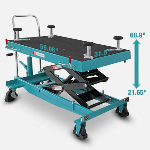Heavy Hitter One Ton Hydraulic Battery Lift Table Adjustable Height Electric Vehicle Service Platform with dimensions 59.06" x 31.5" x 68.9".