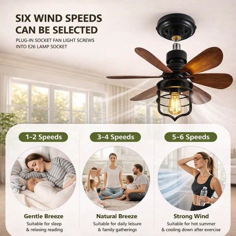 20 Inch Ceiling Fan With Light Socket And Remote, Vintage Industrial Socket Fan Light for garage, bedroom, kitchen use