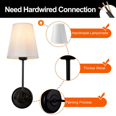 Hardwired Wall Sconces 2-Pack Vintage Industrial Lights With Flared White Fabric Shades For Dining Room Living Room Bedrooms Bedside Reading Farmhouse Style Easy Install No Bulbs Included