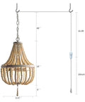 Three Light Mini Wood Beaded Boho Plug In Chandelier With Dimmable Timer Pendant Lighting 16.4ft swag cord, antique metal finish