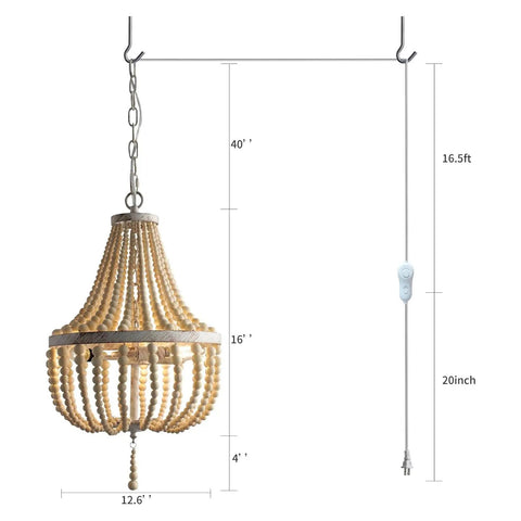 Three Light Mini Wood Beaded Boho Plug In Chandelier With Dimmable Timer Pendant Lighting 16.4ft swag cord, antique metal finish