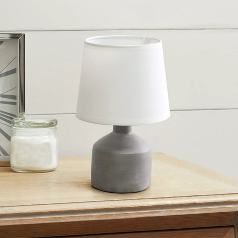 Gray Concrete Table Lamp With White Fabric Shade, Sleek Minimalist Nightstand Light For Living Room Or Desk, 5 Ft Cord, Uses 40W Equivalent Candelabra Bulb Not Included