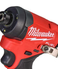 Close-up of Renewed 12 V Cordless Brushless Impact Driver with 1/4 Inch Hex Chuck and LED lights, showcasing its durable design.