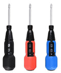 Cordless 3.6V Electric Screwdriver Set With LED Lamp in black, red, and blue variations, showing front view with buttons visible.