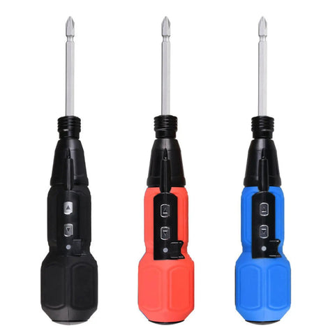 Cordless 3.6V Electric Screwdriver Set With LED Lamp in black, red, and blue variations, showing front view with buttons visible.