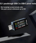 USB Type C Power Meter And USB Multimeter For Real Time Voltage And Current Readouts, 0 To 6A, 4 To 36V Test, close-up view