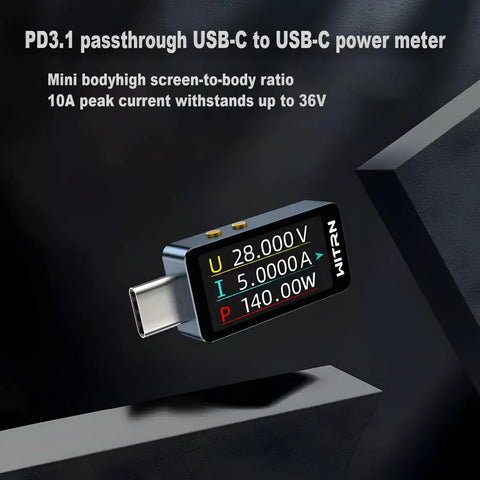 USB Type C Power Meter And USB Multimeter For Real Time Voltage And Current Readouts, 0 To 6A, 4 To 36V Test, close-up view