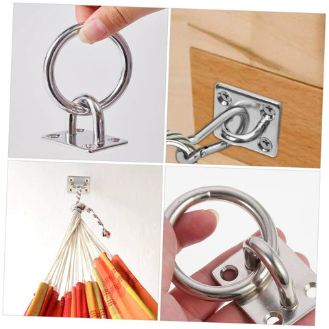 Two Pack Heavy Duty Stainless Steel Ceiling Hooks With Durable Anchor Plates For Hammocks And Yoga Swings Ideal For Home Gyms Studios And Patios Versatile Eye Hooks For Secure Hanging And Rigging Applications In Indoor And Outdoor Setups installed and holding hammock.