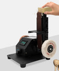 Straight Up Workhorse Mini Electric Belt Sander And Tabletop Polisher With Variable Speed Control in use with wood.