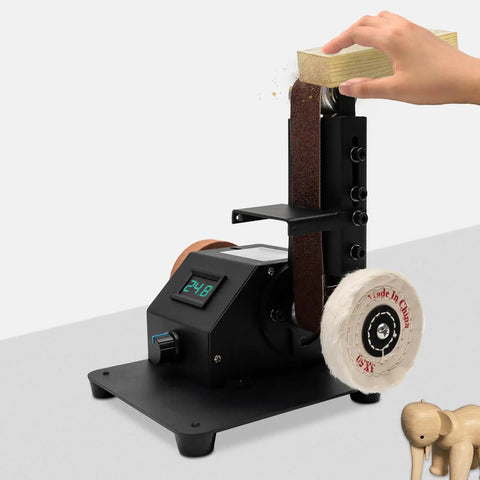 Straight Up Workhorse Mini Electric Belt Sander And Tabletop Polisher With Variable Speed Control in use with wood.