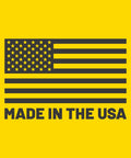 American flag with 'Made in the USA' text on a yellow background.