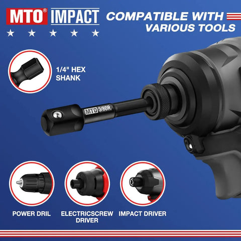 Close-up of 10 Piece 3/8 Inch Drive Impact Socket Adapter Set With 1/4 Inch Hex Shank For Drill To High Torque Wrench