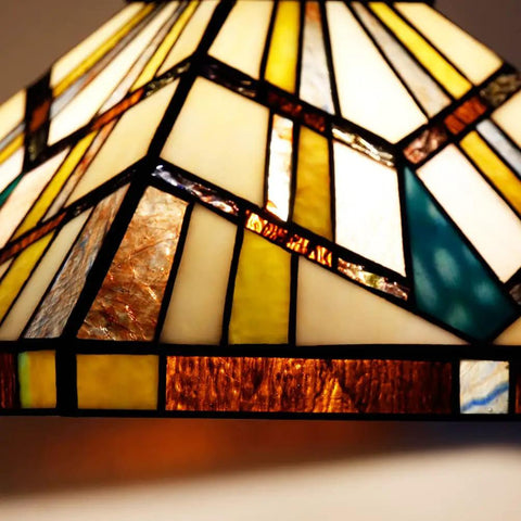 Close-up of Tiffany Style Pendant Light 12 Inch Wide Amber Cream Stained Glass Shade With Adjustable Chain Hanging Lamp