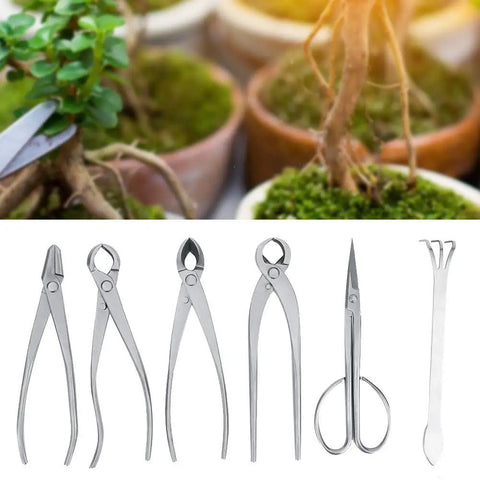 Garden Cutting Tools Set 6 Piece Stainless Steel Bud Scissors And Wire Pliers With Storage Bag For Bonsai Fruit Tree Pruning Leaf Trimming And Garden Maintenance, six tools laid out