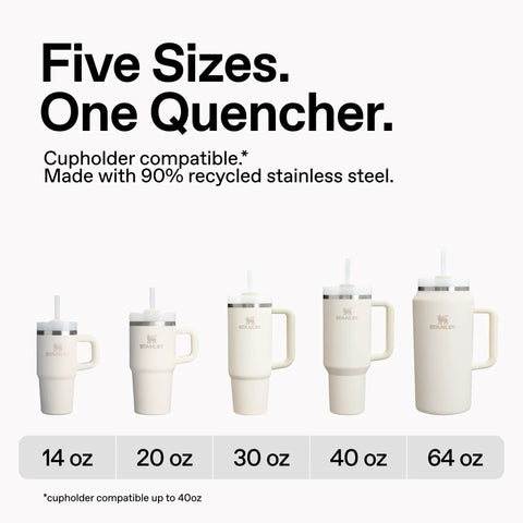 Image showing five sizes of Quencher H2.0 Tumbler With Handle And Straw 40 Oz For Travel, Your Go-To Hydration Buddy, Insulated Stainless Steel Cup With FlowState 3 Position Lid, Cup Holder Compatible, BPA Free, Cranberry.