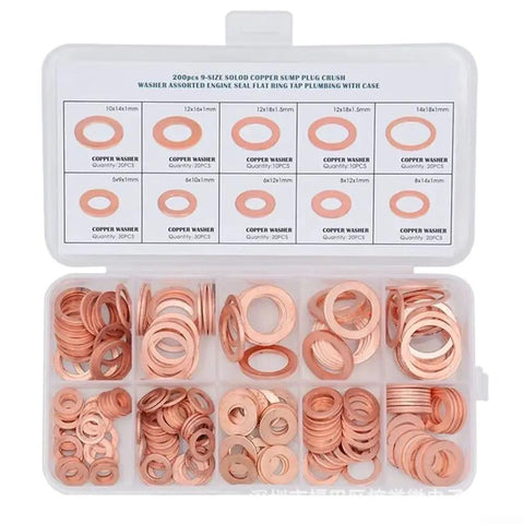 Heavy Duty 200 Piece Red Copper Flat Washer Assortment Kit Metric Sizes M5 To M14 For Ultimate Leak Proof Sealing On Your Cars And Engines Plus Hydraulic Systems Banjo Oil Pan Drain Plugs And Fittings Stay Sealed Like A Boss Even Under Stress., copper washers in organizer case, assorted metric sizes