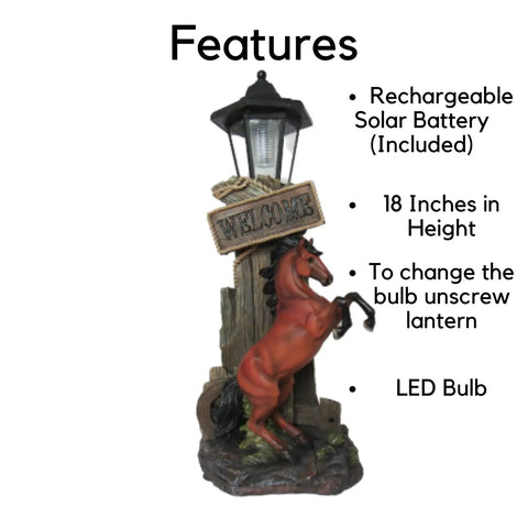 Stallion's Greeting Western Horse Welcome Statue For Outdoor Patio Garden Yard Decor With Solar Powered LED Lantern Resin 18 Inch High