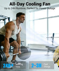 12 Inch Cordless Portable Fan With Metal Blade, 360 Degree Tilt, 24 Hour Run Time in gym setting, cooling weightlifter