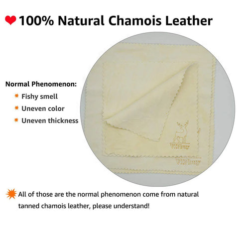 Front view of VIPbuy 4-pack 6x6 in natural chamois leather cleaning cloths for glasses, lenses, phones, cameras, and screens.