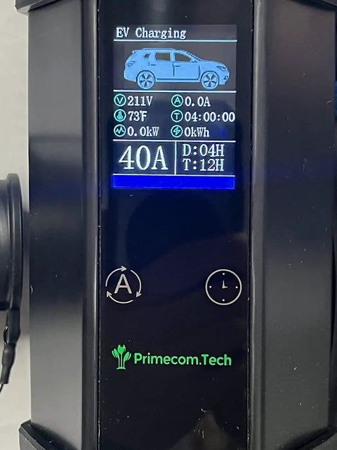 Display panel on Level 2 EV Charger 240V 32A and 40A For Home Use, showing charging stats and graphics.