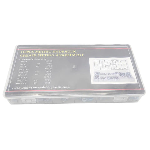 110 Piece Metric Grease Fittings Kit With Standard Straight 45 Degree And 90 Degree Angled Zerk Nipples in a plastic case