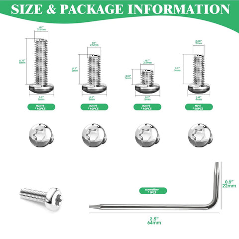 121 Piece 304 Stainless Steel Pocket Blade Knife Handle Screws Assortment Set Including M2 And M2.5 Machine Screws EDC Folding Hilt Fasteners Knifemakers Rivets For DIY Repair Torx Driver Included with size and package details