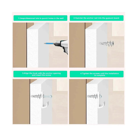 Illustration of Heavy Duty Zinc Self Drilling Drywall Anchors Kit With Screws For Strong Indoor Mounts installation steps.