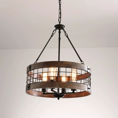 Gray 4 Light Retro Industrial Drum Pendant Chandelier With Wood Accents And Metal Finish, Hanging Ceiling Light Fixture