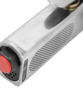 Close-up of Heavy Duty Pneumatic Air Belt Sander With Slick 360 Degree Rotating Handle showing steel build and control button.