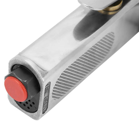 Close-up of Heavy Duty Pneumatic Air Belt Sander With Slick 360 Degree Rotating Handle showing steel build and control button.