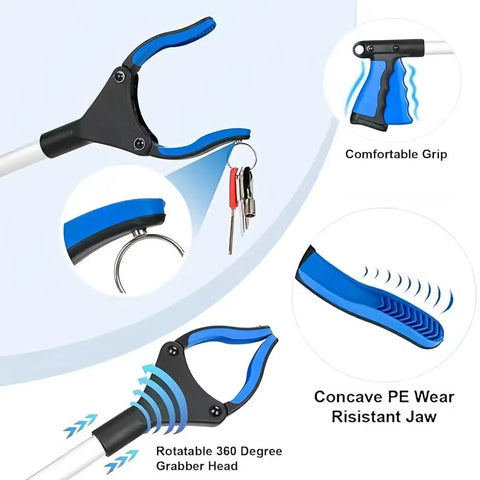 43 Inch Long Reach Grabber Tool With Foldable Design, 360 Degree Rotating Jaw And Magnetic Pickup, Extra Long Trash Picker Upper, Lightweight Senior Friendly Reacher For Cleaning And Pickup, Blue